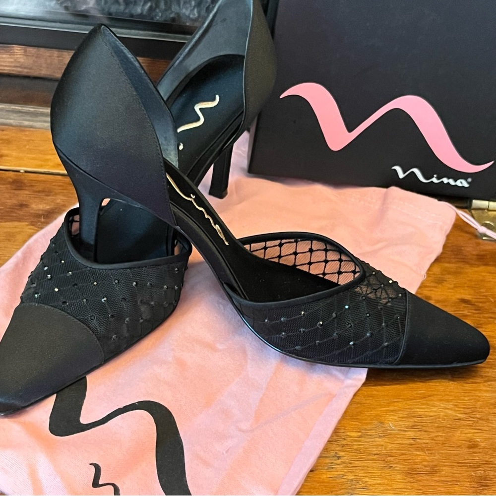 Nina “Silker-LS” Black Satin Mesh Heels – Size 8M
